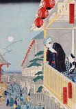 Hiroshige II (歌川広重 2代目, 1829 – October 21, 1869) was a designer of ukiyo-e and Japanese woodblock prints. He was born Suzuki Chinpei (鈴木鎮平?). He became a student and the adopted son of Hiroshige, then was given the artistic identity of, 'Shigenobu'. When the senior Hiroshige died in 1858, Shigenobu married his master’s daughter, Otatsu.<br/><br/>Utagawa Kunisada (1786 – January 12, 1865) (Japanese: 歌川 国貞, also known as Utagawa Toyokuni III 三代歌川豊国 ) was the most popular, prolific and financially successful designer of ukiyo-e woodblock prints in 19th-century Japan. In his own time, his reputation far exceeded that of his contemporaries, Hokusai, Hiroshige and Kuniyoshi.
